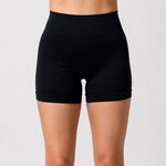 The Seamless Shorts in black, high-rise waistband, front view